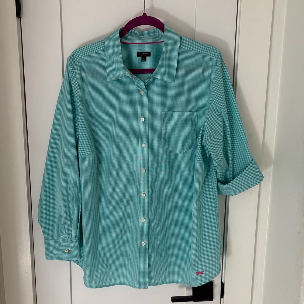 Talbots Aqua Checkered Button-Down Shirt 2xP. Great condition. 100% Cotton.